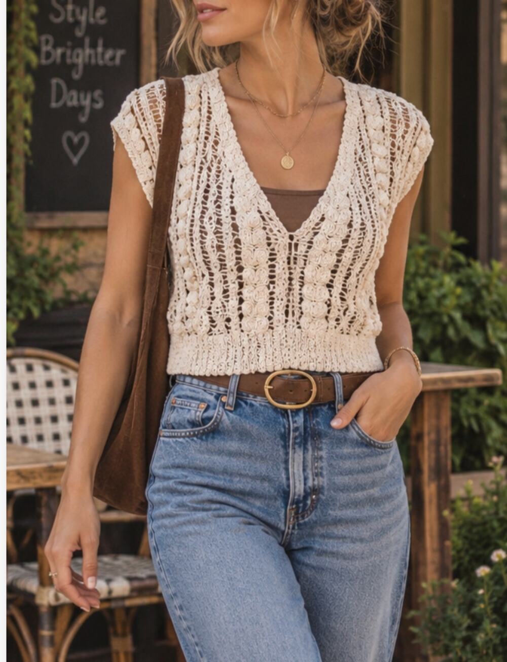 Ivory Crochet Floral Open Knit Crop Top Medium Boho Artisan